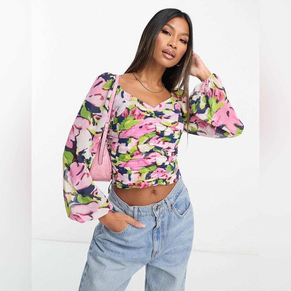 NEW Abercrombie & Fitch floral top with sweetheart neckline in blue Size XS
